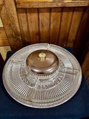 Vintage Kromex Rose Aluminum Lazy Susan Clear Glass Divided Serving Platter